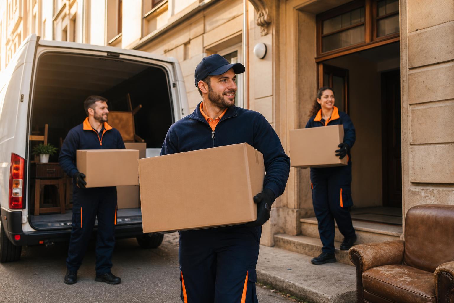 Freundliches Team in dunkelblau-oranger Arbeitskleidung trägt Kartons aus einem Altbau in einen weißen Transporter – Haushaltsauflösung in Ronsdorf