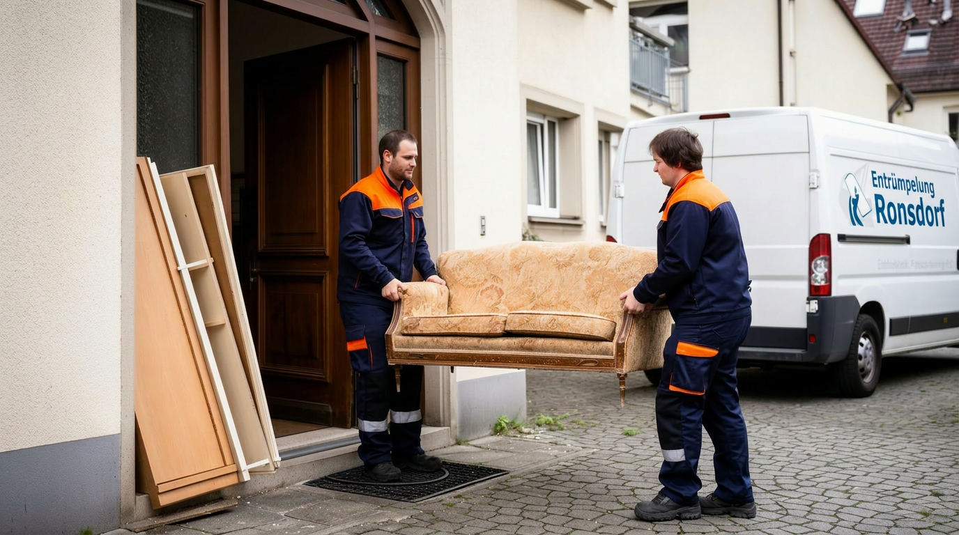 Zwei Mitarbeiter in dunkelblau-oranger Arbeitskleidung tragen ein altes Sofa aus einem Hauseingang in einen weißen Transporter