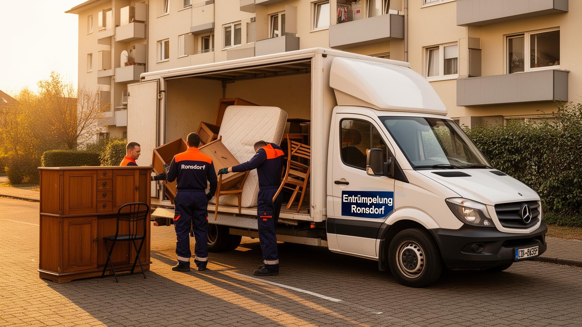 Team in dunkelblau-oranger Arbeitskleidung lädt Sperrmüll in einen weißen Transporter mit Aufschrift Kuntsche Haushaltsservice